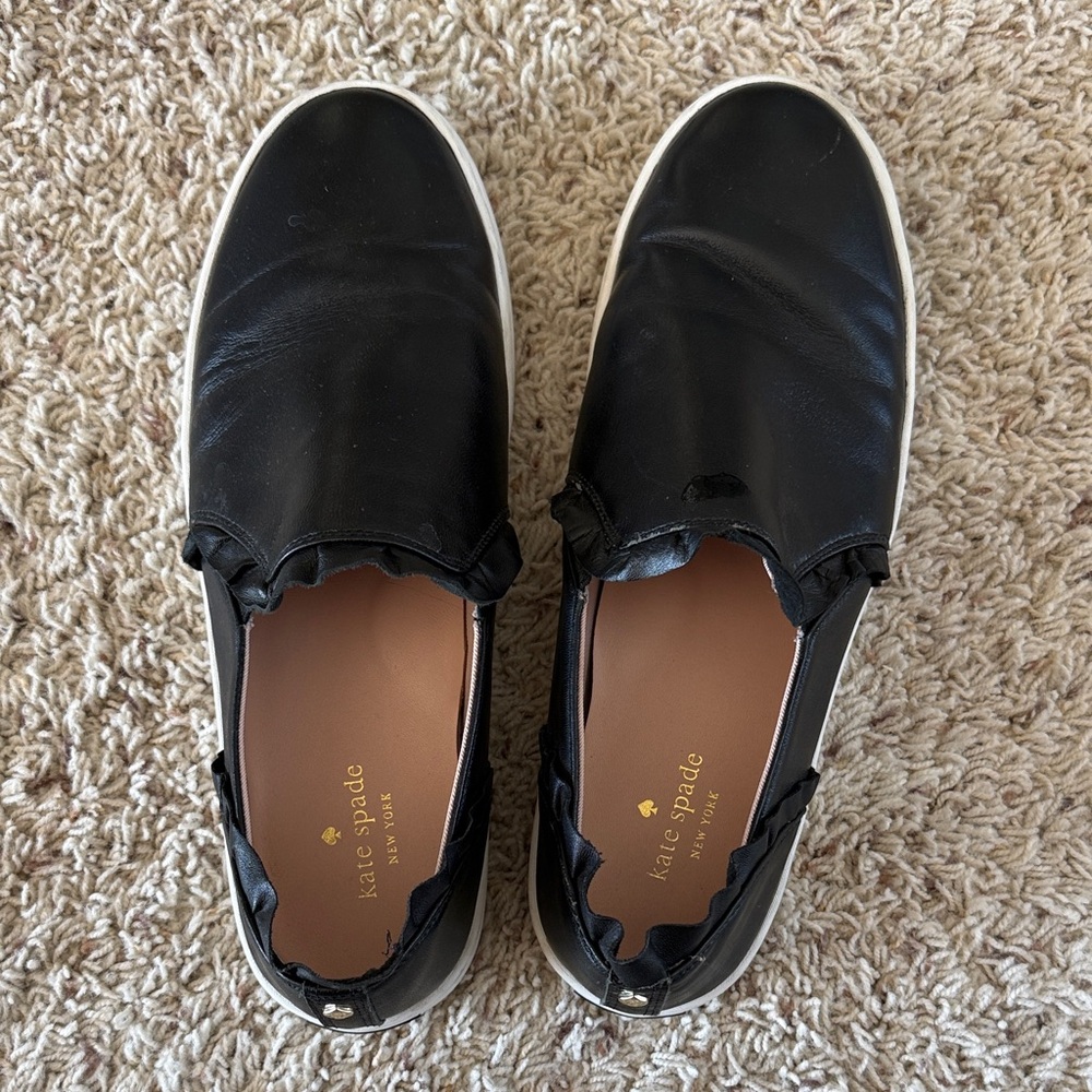 Kate Spade “Lilly” Black Leather Ruffle Trim Casual Slip-on Sneakers, Size 10